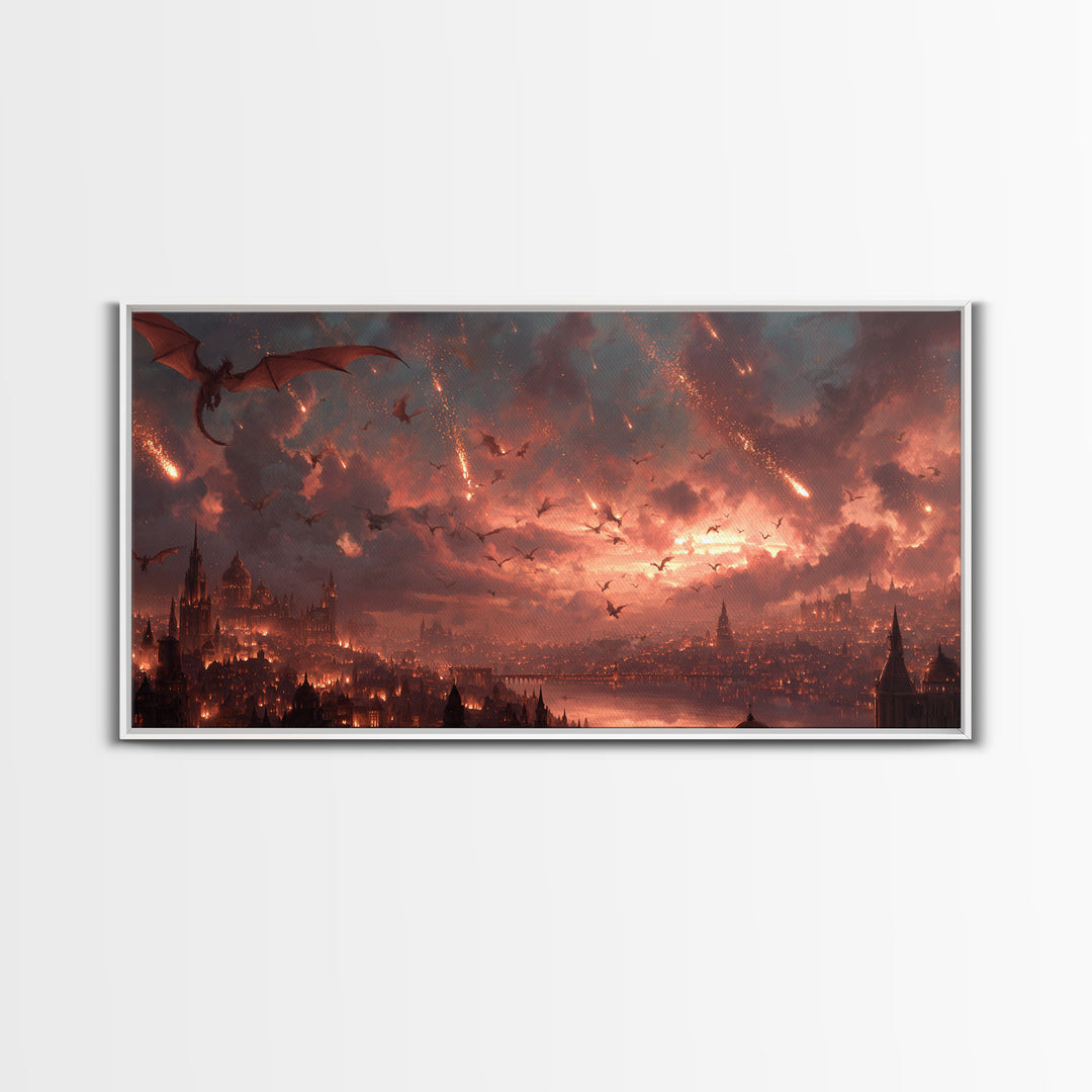 Dragon Siege Over Burning City Canvas Print, Dark Fantasy Wall Art, Gothic Medieval Decor, Epic Game Room Poster Gift For Gamer