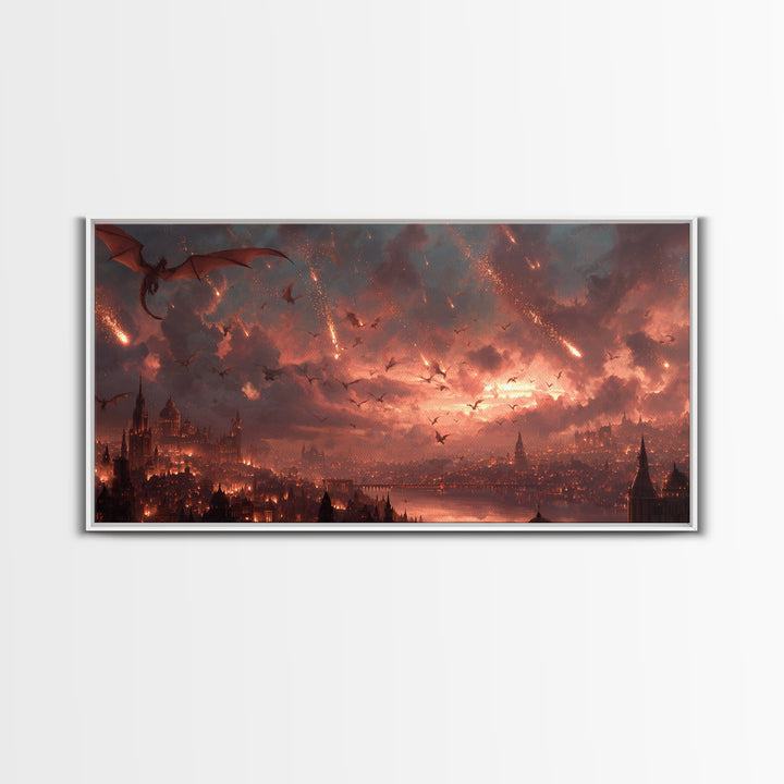 Dragon Siege Over Burning City Canvas Print, Dark Fantasy Wall Art, Gothic Medieval Decor, Epic Game Room Poster Gift For Gamer