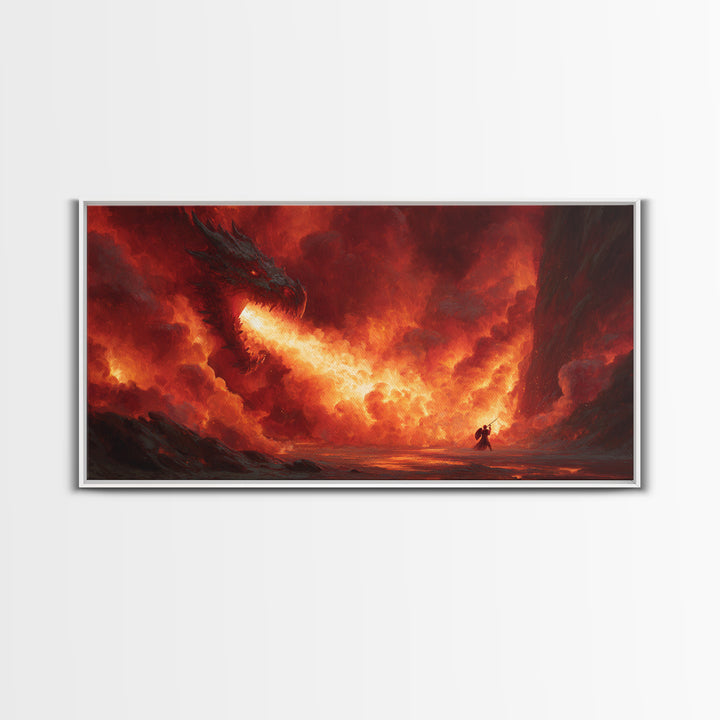 Fire Breathing Dragon In Volcanic Sky Canvas Print, Dark Fantasy Wall Art, Epic Dragon Art, Fantasy Decor, Gamer Room Decor, Large Artwork