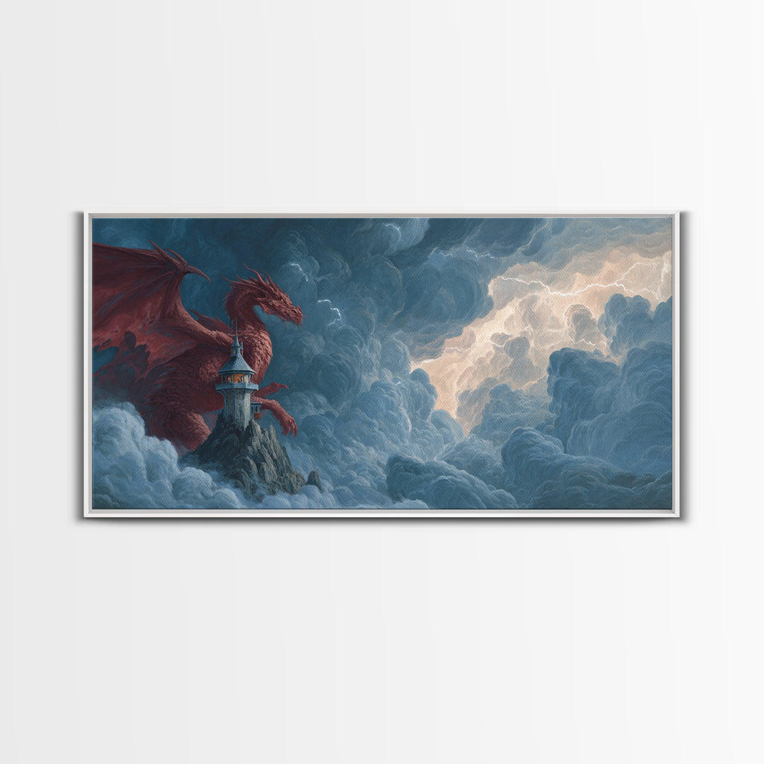 Red Dragon Lighthouse In Storm Clouds Canvas Print, Epic Fantasy Wall Decor, Mythical Creature Art, Dungeons And Dragons Gift