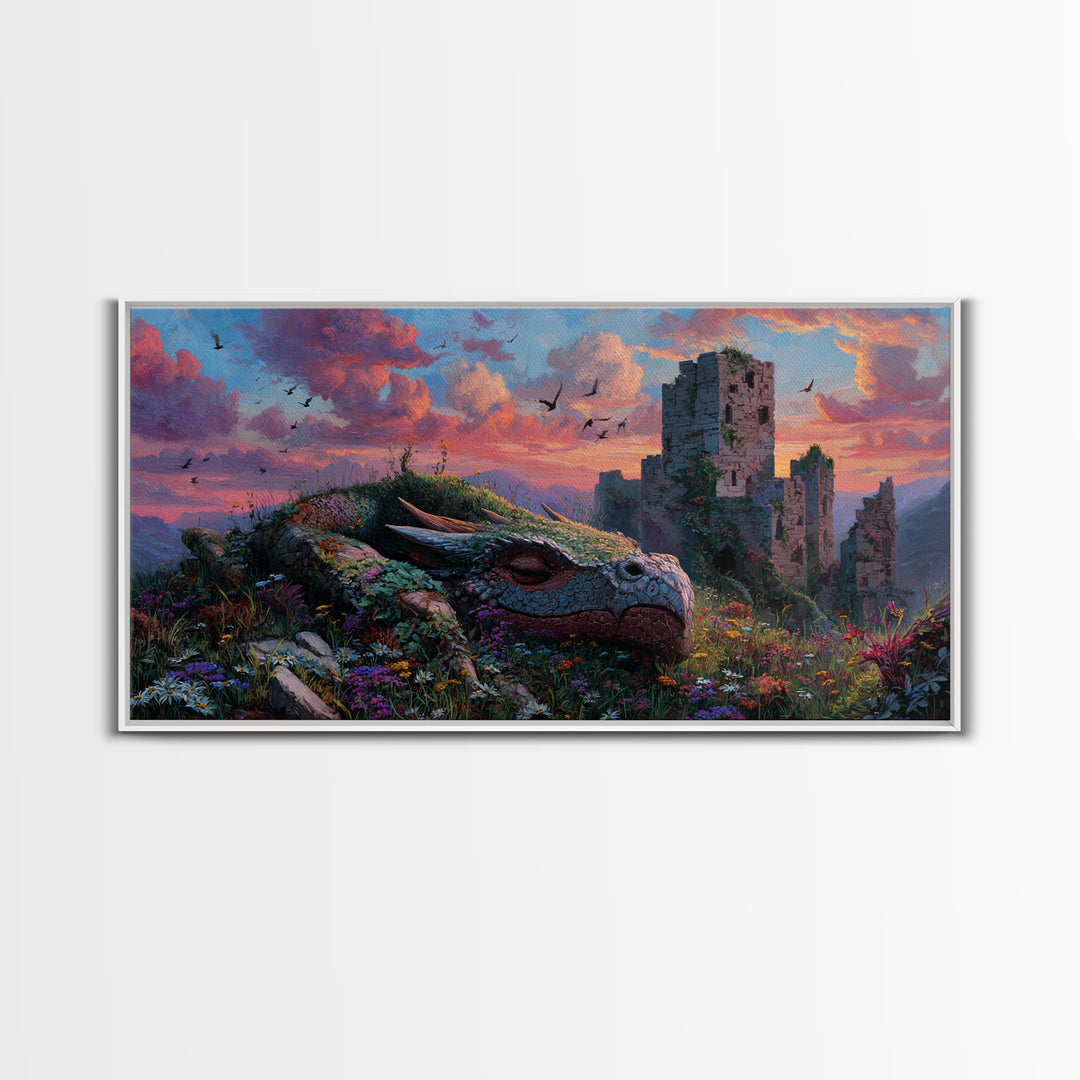 Sleeping Dragon Among Wildflowers Framed Canvas Print, Fantasy Wall Art, Whimsical Decor, Nursery Art, Enchanted Castle Art