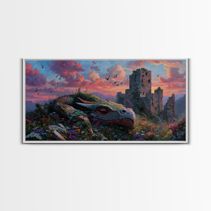 Sleeping Dragon Among Wildflowers Framed Canvas Print, Fantasy Wall Art, Whimsical Decor, Nursery Art, Enchanted Castle Art