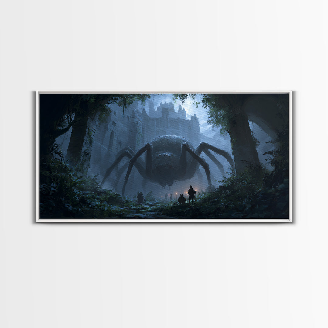 Giant Spider In Ruined Forest Canvas Print, Dark Fantasy Wall Art, Gothic Castle Decor, Creepy Dungeons And Dragons Gift