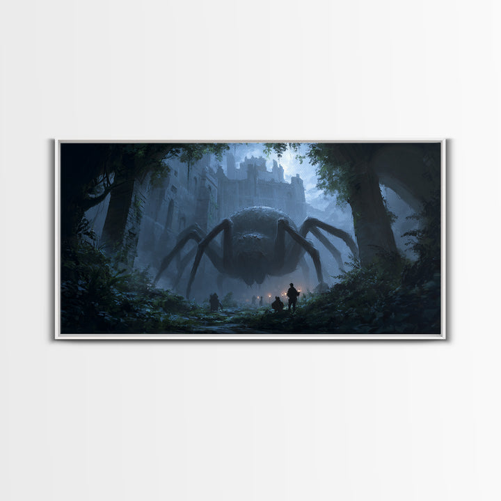 Giant Spider In Ruined Forest Canvas Print, Dark Fantasy Wall Art, Gothic Castle Decor, Creepy Dungeons And Dragons Gift