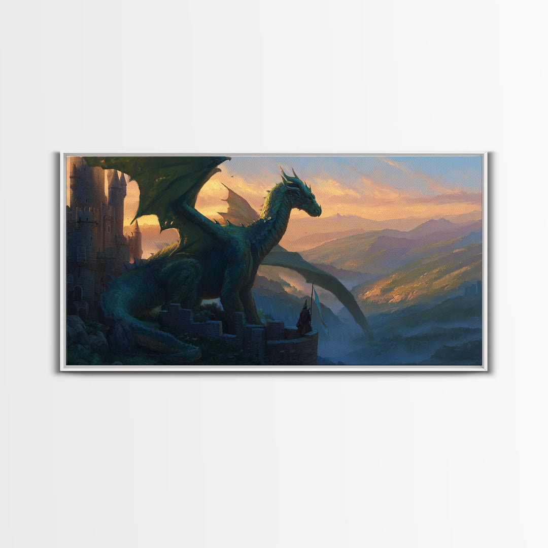 Emerald Dragon Castle Wall Art, Fantasy Landscape Canvas Print, Medieval Gothic Decor, Large Mythical Creature Artwork Gift