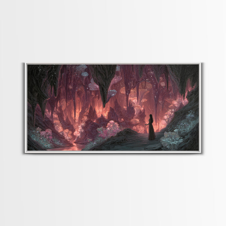 Glowing Crystal Mushroom Cave Wall Art, Magical Fantasy Canvas Print, Ethereal Decor, Whimsical Art, Goblincore Home Decor