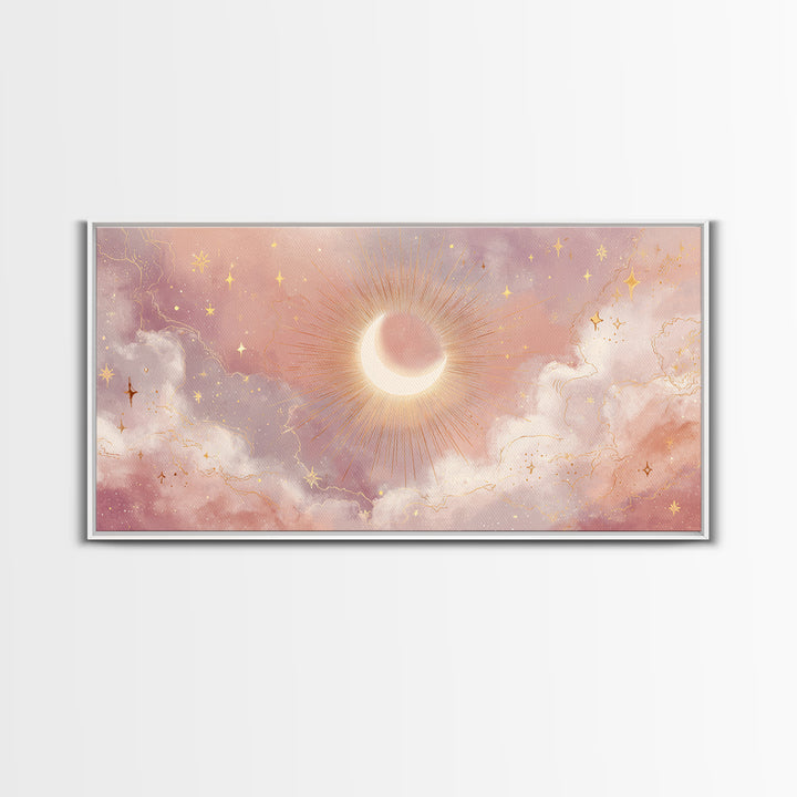 Glowing Solar Eclipse With Pink Clouds Wall Art, Celestial Canvas Print, Moon And Stars Decor, Dreamy Bedroom Decor Gift For Her