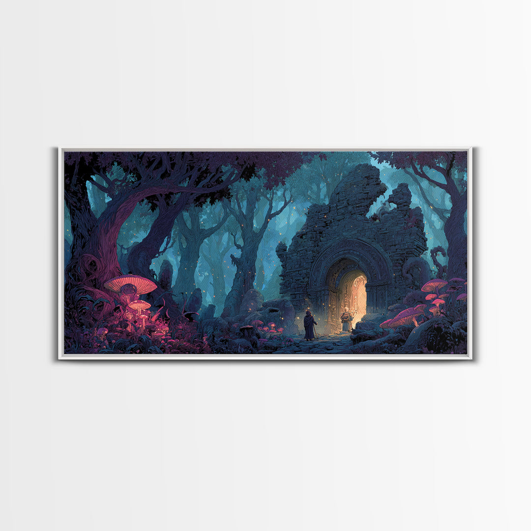 Enchanted Forest Portal Canvas Print, Mushroom Fantasy Wall Art, Magical Ruins Decor, Whimsical Fairy Tale Print For Kids Room