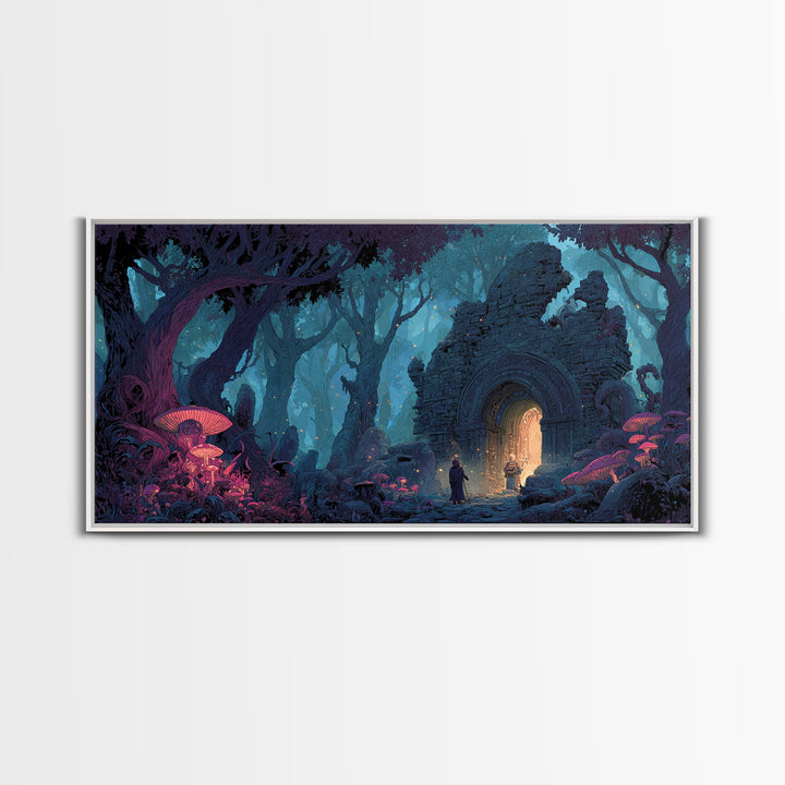 Enchanted Forest Portal Canvas Print, Mushroom Fantasy Wall Art, Magical Ruins Decor, Whimsical Fairy Tale Print For Kids Room