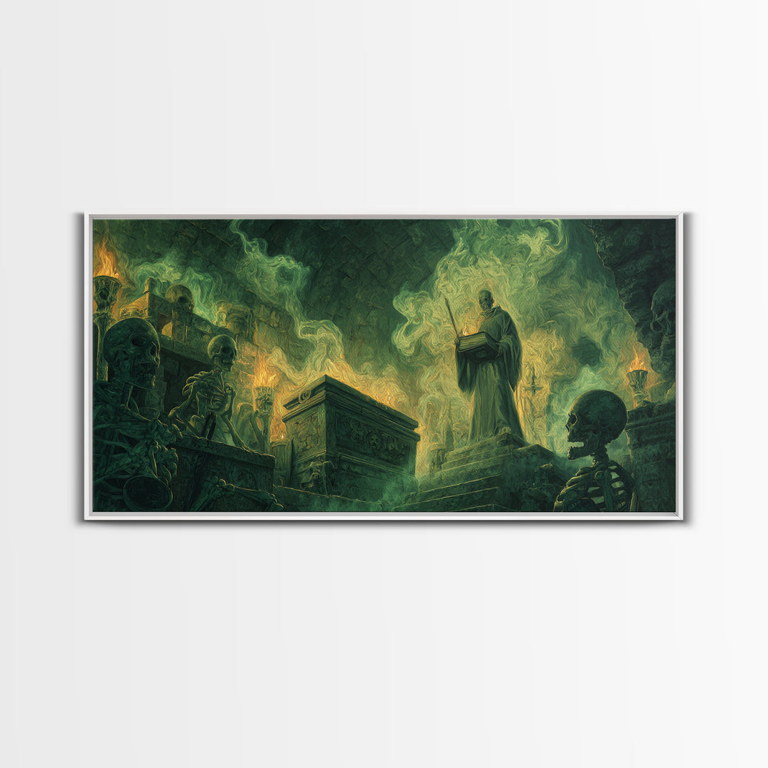 Green Necromancer Crypt Canvas Print, Skeleton Ritual Dark Fantasy Art, Gothic Wall Art, Occult Decor, Dungeons And Dragons Gift