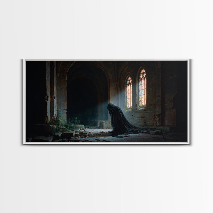 Hooded Figure In Ruined Gothic Cathedral Framed Canvas Print, Dark Academia Wall Art, Moody Spiritual Decor For Home Office