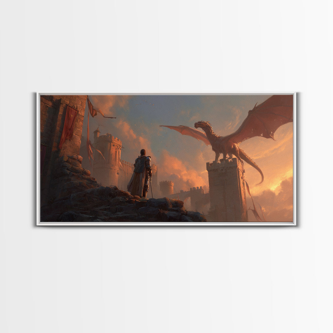 Dragon Over Castle Ramparts Canvas Print, Epic Fantasy Wall Art, Medieval Knight Decor, Dark Academia Gift For Him, Large Statement Artwork