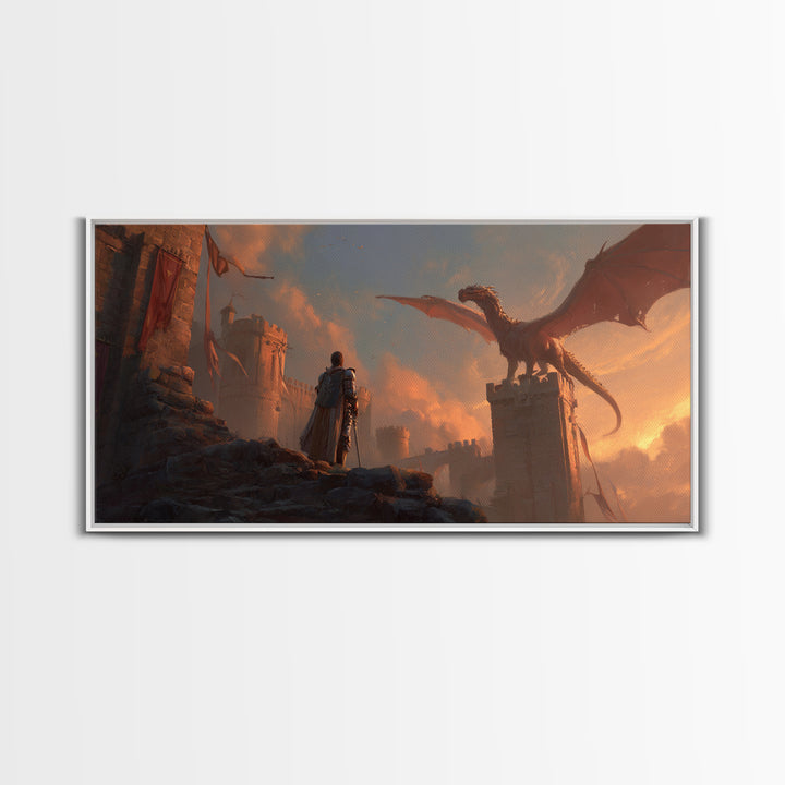 Dragon Over Castle Ramparts Canvas Print, Epic Fantasy Wall Art, Medieval Knight Decor, Dark Academia Gift For Him, Large Statement Artwork
