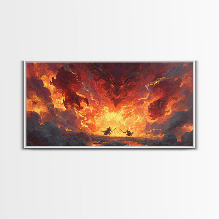 Fiery Demon Battle Scene Canvas Print, Dark Fantasy Wall Art, Dragon Artwork, Gothic Decor, Gaming Room Statement Art, Large Wall Art