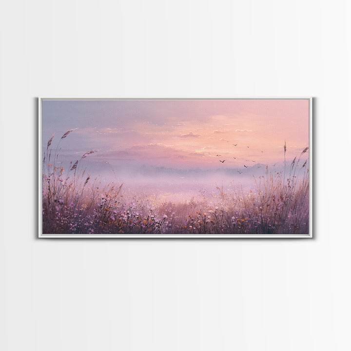 Misty Pink Sunrise Meadow Landscape Wall Art, Wildflower Canvas Print, Nature Wall Decor, Calming Bedroom Decor Gift For Her