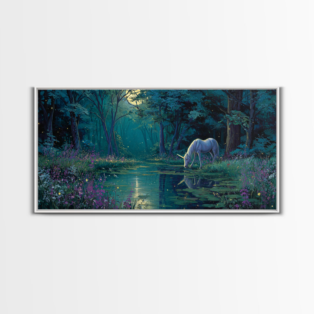 Moonlit Unicorn Forest Pond Wall Art, Enchanted Fantasy Landscape Canvas, Whimsical Nursery Decor, Magical Gift For Her Art