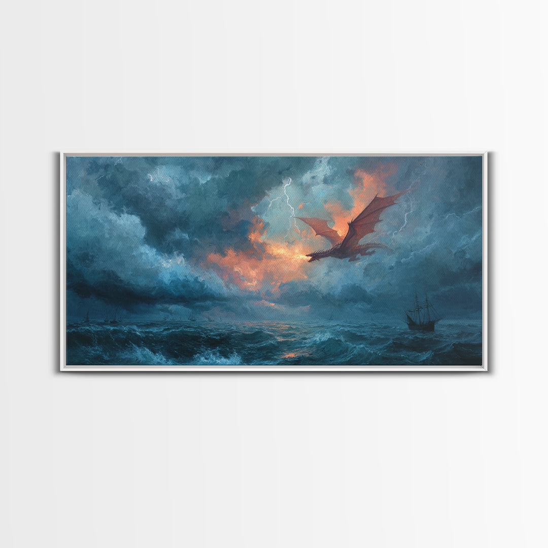 Storm Dragon Flying Over Ocean Ship Canvas Print, Fantasy Wall Art, Nautical Seascape Decor, Dramatic Coastal Art, Gift For Him