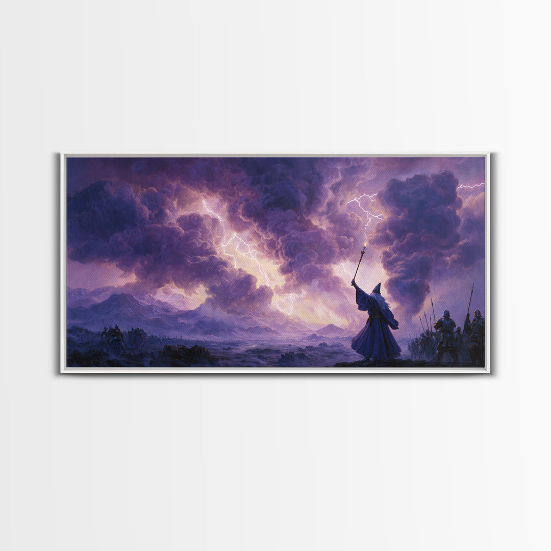 Wizard Lightning Storm Canvas Print, Epic Fantasy Wall Art, Dark Magic Battle Scene, Dramatic Landscape Decor For Game Room