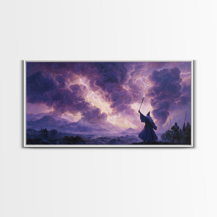 Wizard Lightning Storm Canvas Print, Epic Fantasy Wall Art, Dark Magic Battle Scene, Dramatic Landscape Decor For Game Room