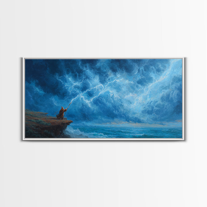 Lone Mage Facing Lightning Storm Wall Art, Fantasy Seascape Canvas, Blue Ocean Painting, Dramatic Large Wall Decor For Him
