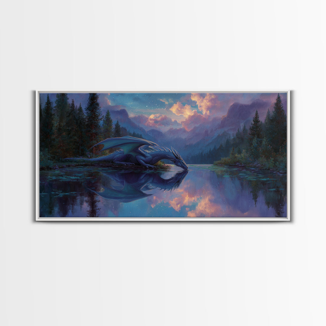Blue Dragon Resting By Moonlit Lake Canvas Print, Fantasy Wildlife Art Print, Mystical Mountain Decor For Nursery Or Bedroom