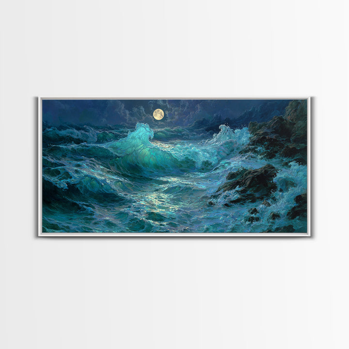 Moonlit Turquoise Ocean Waves Canvas Print, Coastal Wall Art, Seascape Painting, Nautical Decor, Moody Beach House Gift Idea