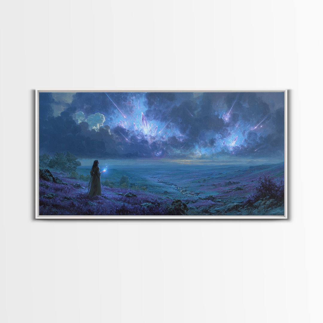 Cosmic Sorceress Under Meteor Sky Wall Art, Fantasy Landscape Canvas, Celestial Space Decor, Mystical Blue Home Decor Gift