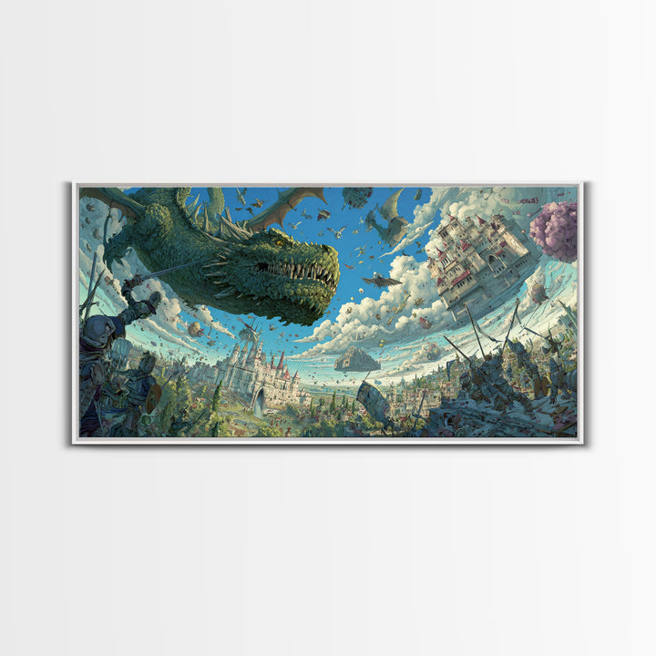 Skyborne Dragon Over Floating Castle Canvas Print, Whimsical Fantasy Wall Art, Surreal Art Print, Kids Room Decor, Nursery Decor