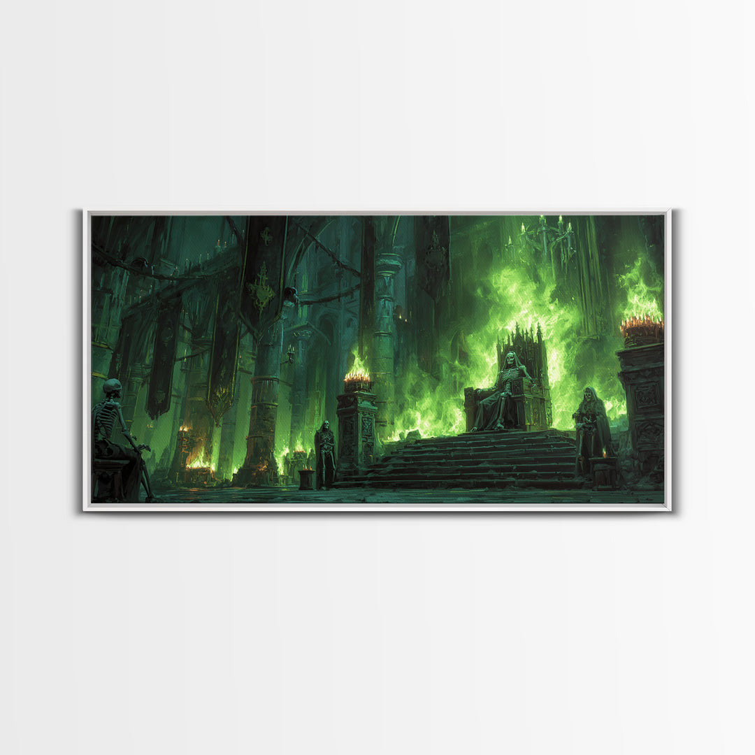 Emerald Gothic Throne Room With Skeletons Canvas Print, Dark Fantasy Art, Moody Wall Decor, Surreal Statement Art For Living Room