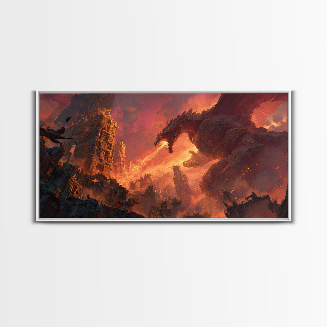 Fire Breathing Dragon Over Ruined City Canvas Print, Dark Fantasy Wall Art, Apocalyptic Decor, Gaming Room Statement Art
