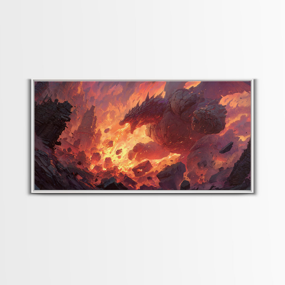 Fire Dragon Rising From Ruins Wall Art, Dark Fantasy Canvas Print, Epic Mythical Decor For Gamer Room And Statement Wall