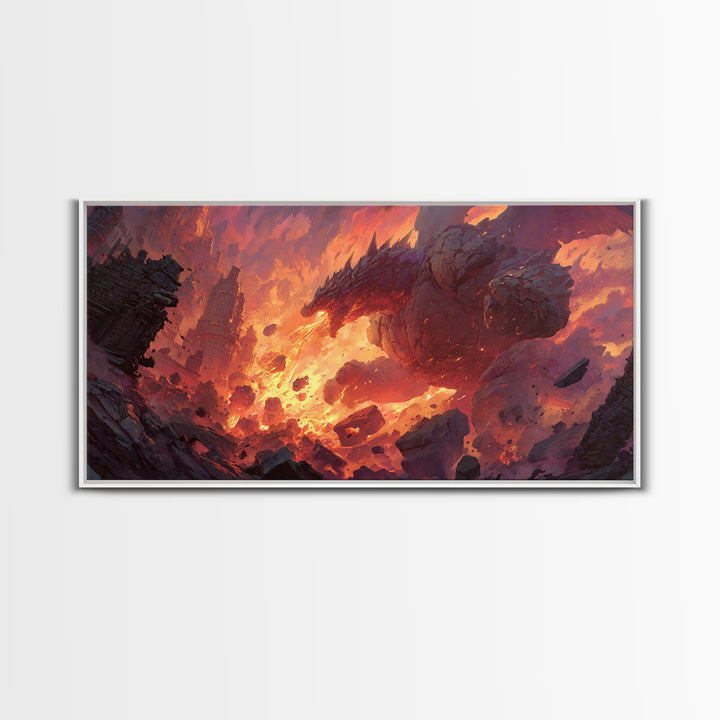 Fire Dragon Rising From Ruins Wall Art, Dark Fantasy Canvas Print, Epic Mythical Decor For Gamer Room And Statement Wall