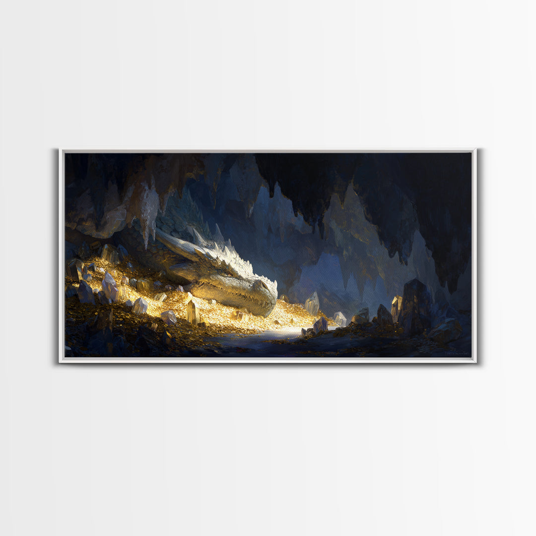 Sleeping Dragon In Golden Cave Wall Art, Fantasy Canvas Print, Mythical Creature Decor, Dark Academia Home Decor, Gift For Him