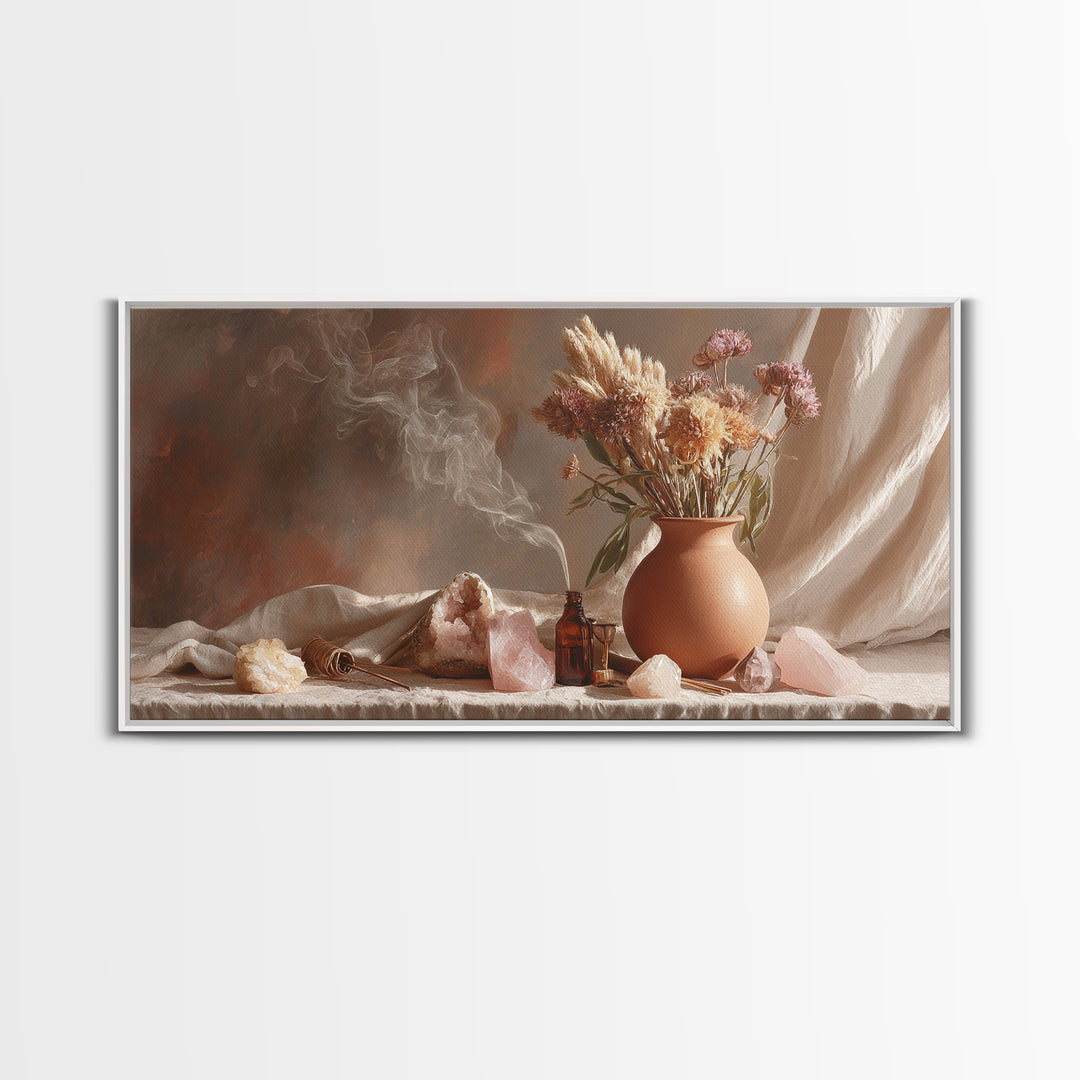 Dried Flowers And Rose Quartz Still Life Wall Art, Boho Apothecary Decor, Neutral Botanical Canvas Print, Gift For Her, Modern Home Decor