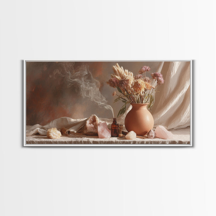 Dried Flowers And Rose Quartz Still Life Wall Art, Boho Apothecary Decor, Neutral Botanical Canvas Print, Gift For Her, Modern Home Decor