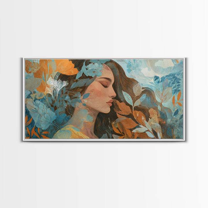 Serene Woman With Blue Botanicals Canvas Print, Abstract Floral Portrait, Modern Wall Art For Living Room Decor, Gift For Her