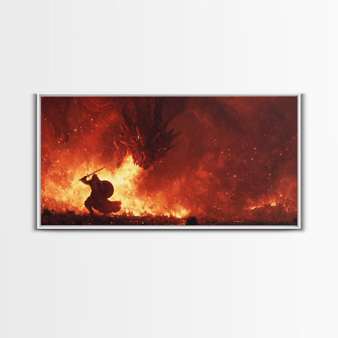 Dragon Fire Battle Canvas Print, Epic Fantasy Wall Art, Warrior Vs Dragon Painting, Dark Fantasy Home Decor Gift For Gamer Room