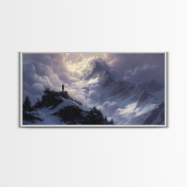 Stormy Snow Mountain Landscape Wall Art, Dramatic Alpine Canvas Print, Moody Nature Decor, Adventure Gift For Him, Living Room Decor