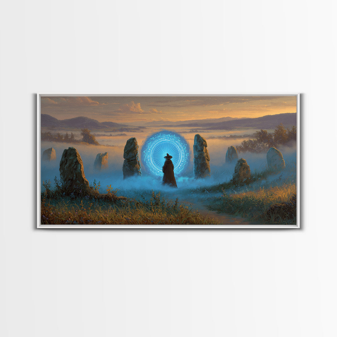 Mystic Portal Stone Circle Canvas Print, Blue Magical Landscape Wall Art, Fantasy Decor, Witchy Celestial Art Print Gift