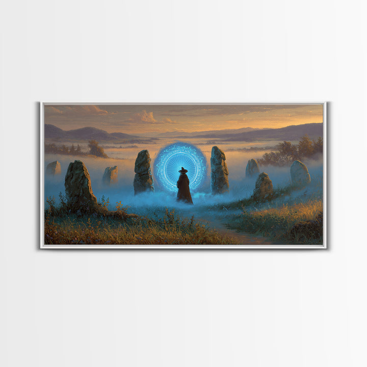 Mystic Portal Stone Circle Canvas Print, Blue Magical Landscape Wall Art, Fantasy Decor, Witchy Celestial Art Print Gift