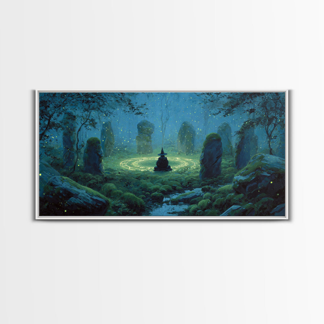 Glowing Stone Circle Witch In Enchanted Forest Canvas Print, Mystical Wall Art, Pagan Decor, Magical Nursery Art, Whimsical Home Decor