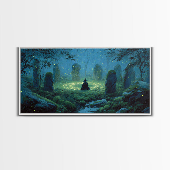 Glowing Stone Circle Witch In Enchanted Forest Canvas Print, Mystical Wall Art, Pagan Decor, Magical Nursery Art, Whimsical Home Decor