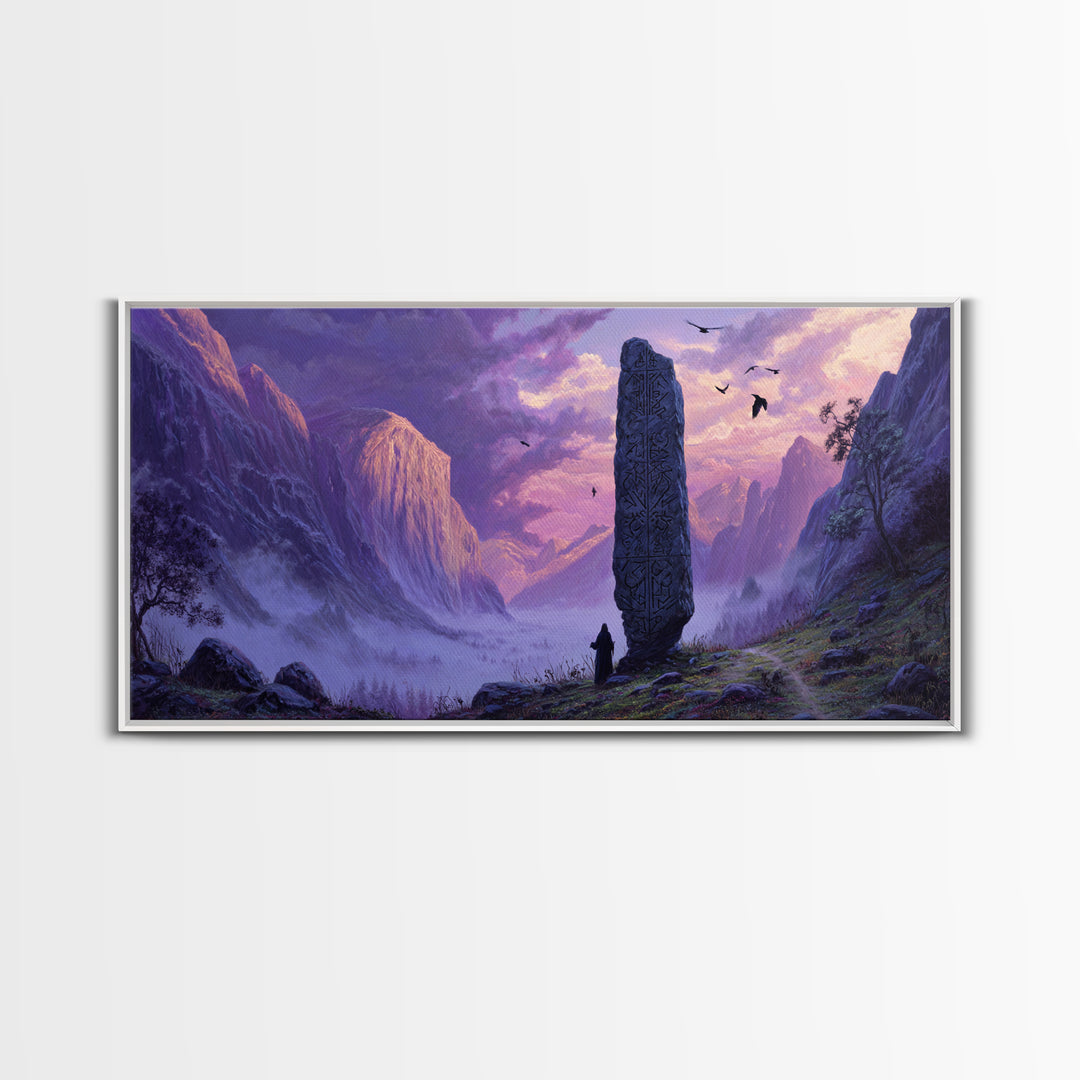 Ancient Rune Monolith Mountain Valley Canvas Print, Epic Fantasy Landscape Wall Decor, Purple Mist Adventure Art For Game Room