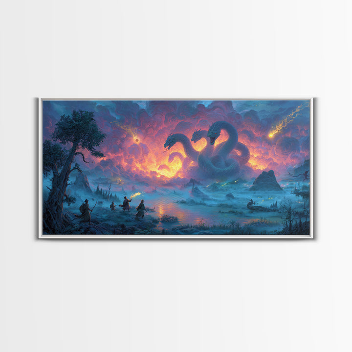 Three Headed Hydra Lake Wall Art, Epic Fantasy Canvas Print, Dragon Battle Decor, Mythical Creature Art For Game Room Decor