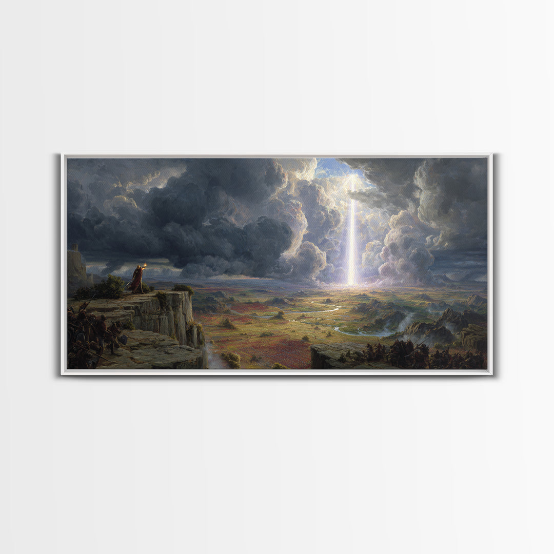 Divine Light Over Epic Battlefield Canvas Print, Fantasy Landscape Wall Art, Dark Academia Decor, Statement Artwork, Large Wall Art