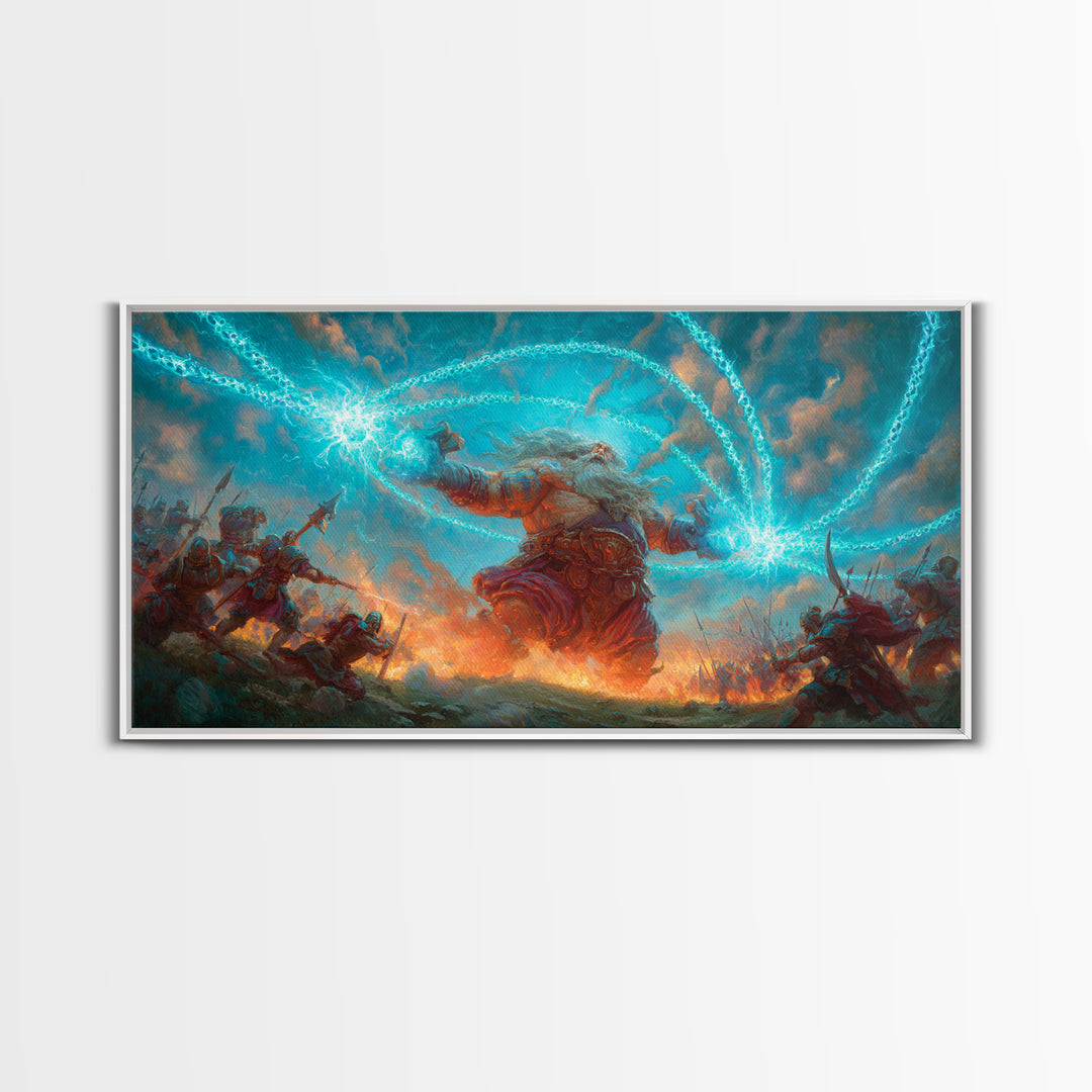 Giant Storm Mage Casting Lightning Canvas Print, Epic Fantasy Wall Art For Gaming Room Decor And Dramatic Statement Artwork