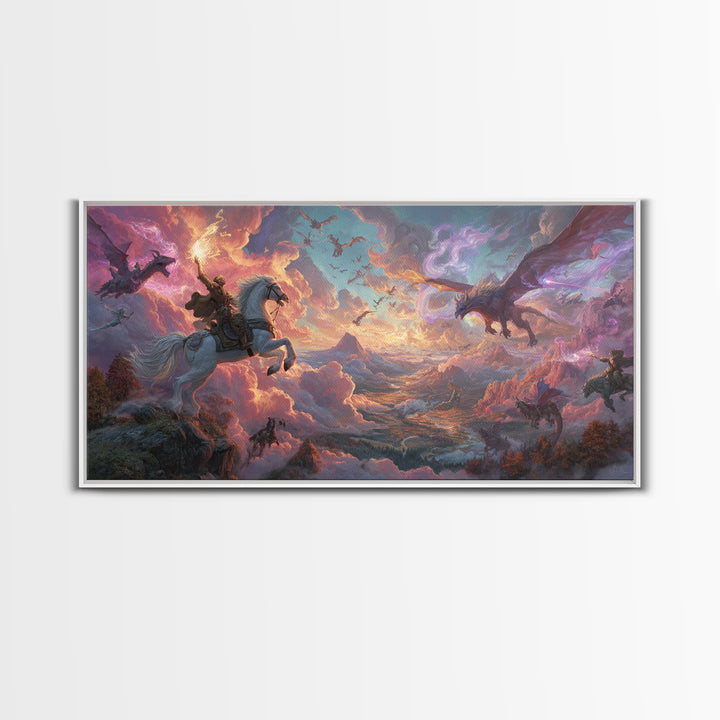 Knight And Dragons Battle Wall Art, Winged Fantasy Sky Canvas, Epic Medieval Adventure Decor, Large Mythical Art Print Gift