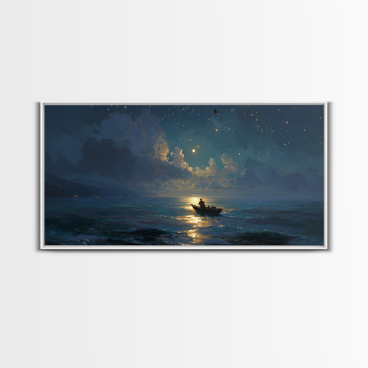Moonlit Ocean Boat Under Starry Sky Wall Art, Celestial Seascape Canvas Print, Nautical Decor, Romantic Coastal Artwork Gift