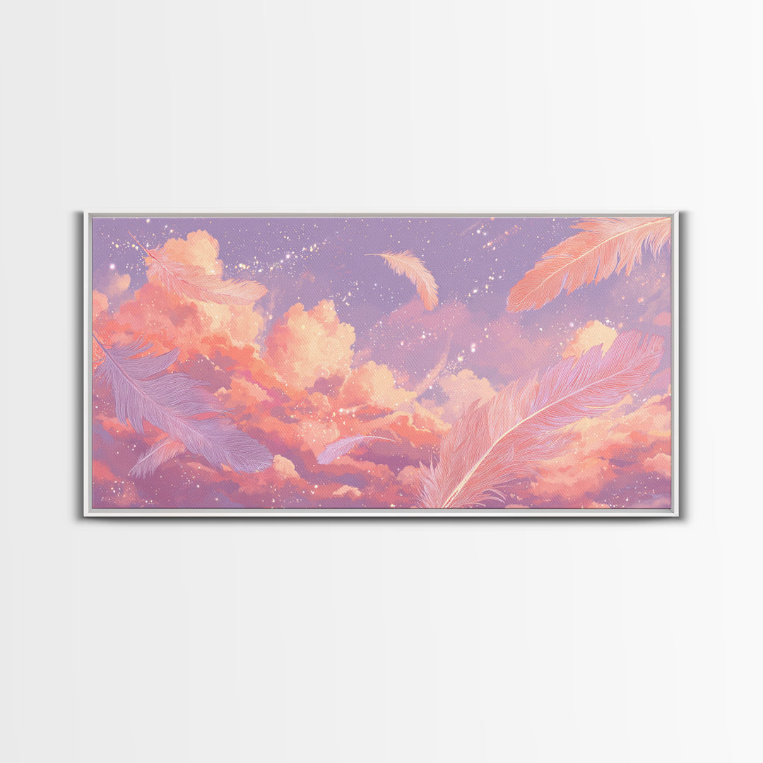 Peach Pink Cloudscape With Feathers Wall Art, Celestial Pastel Sky Canvas Print, Dreamy Nursery And Bedroom Decor, Gift For Her