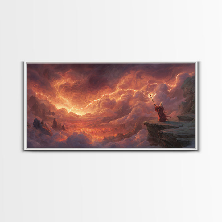 Wizard On Cliff Above Fiery Clouds Wall Art, Epic Fantasy Landscape, Mystical Magic Decor, Dramatic Canvas Print, Gift For Him